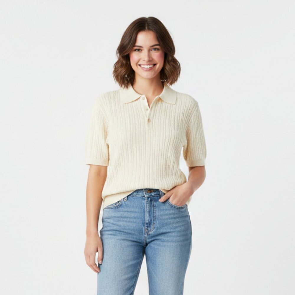 Parkhurst Women's Light Yellow Short-Sleeve Rib Knit Polo Top - Size US M